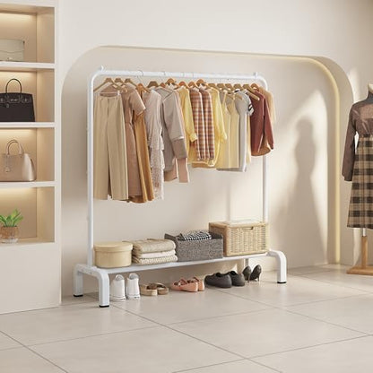 Metal Clothing Rack, 43.3 Inches Clothes Garment Coat Rack with Bottom Shelf for Hanging Skirts, Shirts, Sweaters, White | Metal 43.3 Inches Garment Rack Clothing Clothes Rack with Bottom Shelf for Hanging Clothes Coats Skirts Shirts Sweaters White - colo
