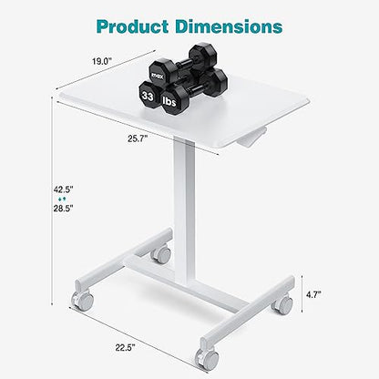 DUMOS Small Standing Desk with Wheels, Laptop Desk, 19 Inch | Portable Rolling Design, Adjustable Height Workstation, Home Office Mobile Station, White - color: Milky White