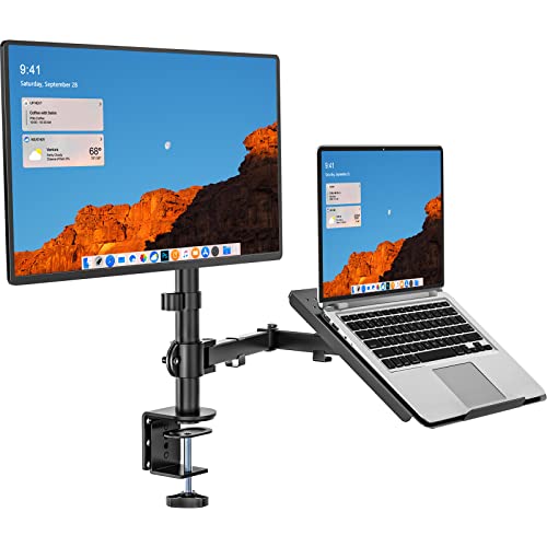 WALI Dual Arm Laptop and Monitor Desk Mount for 17" Notebook and Up to 27" Screen, Fully Adjustable Monitor Arm with Laptop Tray, VESA 75x75 100x100, Holds up to 22 lbs, Black (M001LP) - size: Dual, style: Adjustable Desk Mount