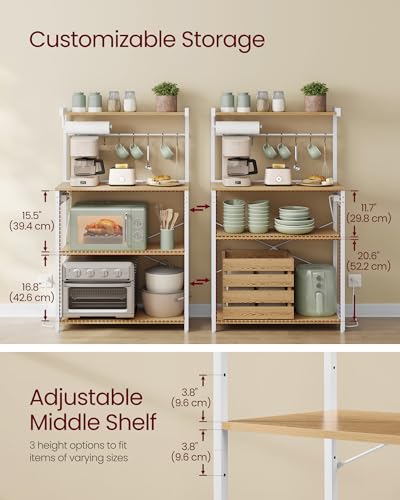 VASAGLE BARNET Collection - Kitchen Bakers Rack with Power Outlet, 31.5-Inch Wide Coffee Bar 4-Tier with 8 S Hooks, Modern Microwave Stand, Adjustable Shelf, Golden Oak and Cloud White UKKS029YA01 - color: Golden Oak + Cloud White, size: 31.5"W