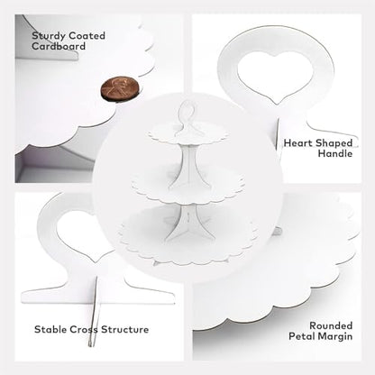 White Cupcake Stand Tower, 3-Tier Cardboard Dessert Display with Heart Handle,Perfect for Birthday Baby Shower Wedding Tea Party Graduation, Easy 60-Second Assembly, Holds 12+Cupcakes (1-Pack) - color: White 1 Pack
