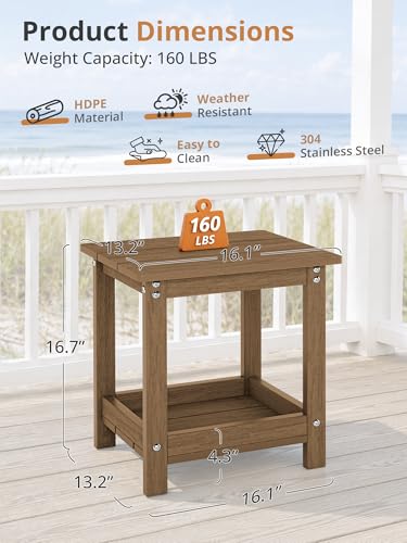 LUE BONA Small Outdoor Side Table, 2-Tier HDPE with Rail, Walnut Brown | Outdoor End Table with Rail for Patio, Deck, Poolside, Weather Resistant HDPE, Low Maintenance, Easy to Clean - color: Walnut Brown
