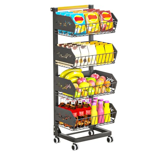 Heavy 4-Tier Snack Cart with Wheels ，Removable Rolling Pantry Floor Organizers ，Upgraded Wider and Thicker, Kitchen Fruit Basket Stand and Storage Rack for Fruit Snack Onion Potato - color: Black