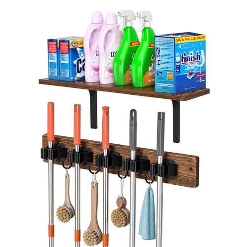 Broom Holder Wall Mount with Wooden Shelf, Rustic Wood Broom Hanger with 5 Racks&4 Hooks,Laundry Room Organization and Storage, Utility Storage Rack for Laundry Room, Garage, Kitchen, Closet. - size: 16.9"Small