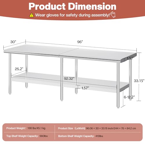 Jocisland 30" x 96" Stainless Steel Table for Prep & Work, Food-Grade Stainless Steel Adjustable Under Shelf and Feet, for Commercial Kitchen, Restaurant, Hotel, Garage - size: 30x96 in, style: Rounded Table Corner
