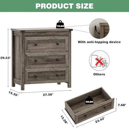 Xixini Farmhouse Nightstand with 3 Storage Drawers, 27.55" Wide Wood Bedside Table, Modern Side Table with Metal Handle, End Table for Bedroom, Grey - color: Grey