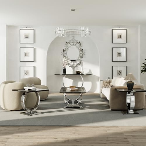 Asday Black End Table, Modern Wood Side Table, Silver End Table with U-Shaped Stainless Steel Base - color: Black and Silver, size: Set of 1