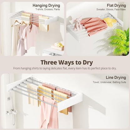 Wall Mounted Clothes Drying Rack Folding Indoor, Foldable Laundry Drying Rack Collapsible,Invisible, Space Saving, Retractable Towel Drying Rack, with Wall Template(6 Drying Rods, White 40") - color: White, size: White-40"