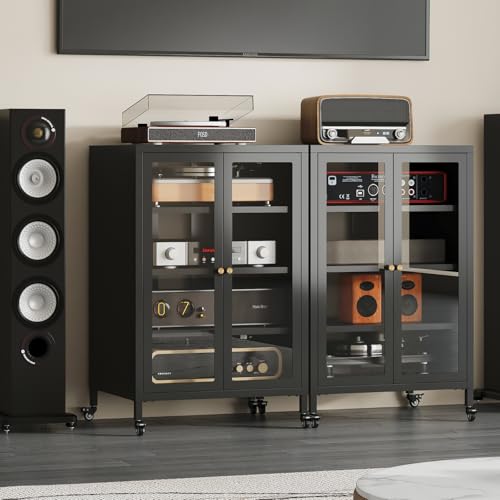 Metal Media Cabinet with Swivel Wheels & Glass Doors, 4-Tier Stereo Cabinet, Adjustable Shelves AV Rack with Cable Management, Black - color: Black, style: Swivel Wheels