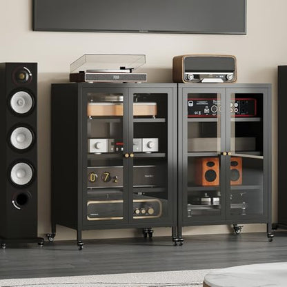 Metal Media Cabinet with Swivel Wheels & Glass Doors, 4-Tier Stereo Cabinet, Adjustable Shelves AV Rack with Cable Management, Black - color: Black, style: Swivel Wheels