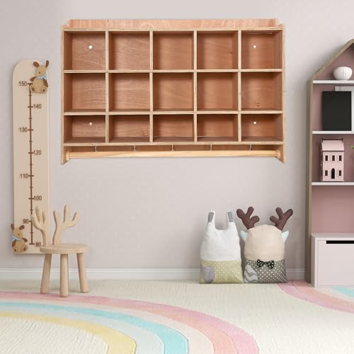 IDEALHOUSE Wall Mount Cubby Storage Organizer,15 Cubbies with Shoe Shelf Hooks 47Inch Width Daycare Shelves for Toys, Classroom Furniture, Kids Room Organization