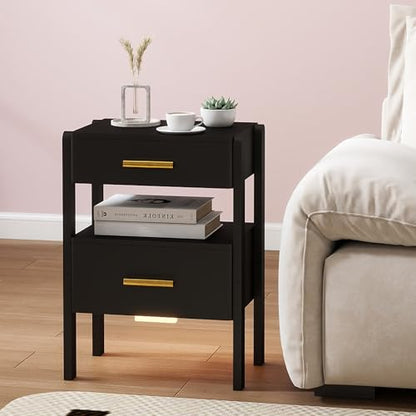 Nightstand with 2 Drawers and Open Shelf Wooden Bedside Table Gold Handles Modern Storage Night Stand Sensor Light for Bedroom, Black - color: Black