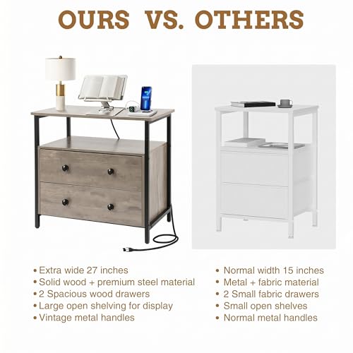 Edbuosy 27 inch Wide Night Stand with Charging Station, Bedside Table with Open Shelf, 2 Drawers Small Wood Dresser, Modern Wood Nightstand for Bedroom/Living Room, Rustic Gray - color: Rustic Gray, size: 27"W-2 Drawers
