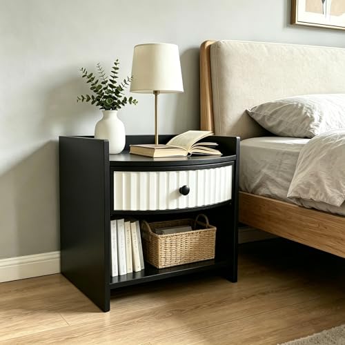 Wooden Nightstand with Drawer and Open Storage Shelf, Curved Front Bedside Table for Bedroom, Compact End Table for Small Spaces, Living Room or Apartment Furniture(Black) - color: Black