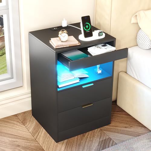 Gadroad Night Stand, LED Nightstand with Charging Station, Wood Bedside Table, End Table Sofa Couch Side Table with Pull-Out Shelf, Black - color: Black