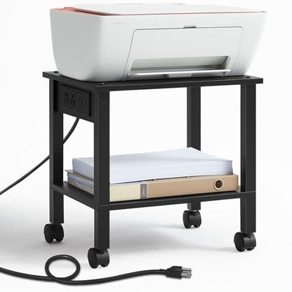 YUFAM 2 Tier Under Desk Printer Stand with Charging Station, Black | Wooden Small Printer Table for Home Office, Rolling Printer Cart Shelf with Lockable Wheels - color: Black, size: 11.8"D×15.7"W×15.3"H(With USB)