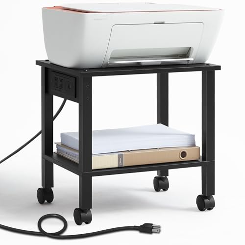 YUFAM 2 Tier Under Desk Printer Stand with Charging Station, Black | Wooden Small Printer Table for Home Office, Rolling Printer Cart Shelf with Lockable Wheels - color: Black, size: 11.8"D×15.7"W×15.3"H(With USB)