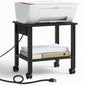 YUFAM 2 Tier Under Desk Printer Stand with Charging Station, Black | Wooden Small Printer Table for Home Office, Rolling Printer Cart Shelf with Lockable Wheels - color: Black, size: 11.8"D×15.7"W×15.3"H(With USB)