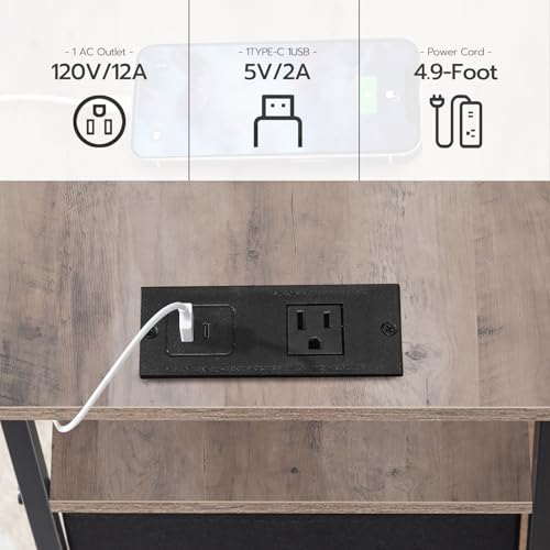 HOOBRO End Table with Charging Station, Narrow Side Table, Nightstand with 2 Non-Woven Drawers, Slim Sofa Side Table, for Small Spaces, Living Room, Bedroom, Greige and Black BG486UBZ01 - color: Greige + Black, size: 11.8"L x 18.9"W x 23.6"H