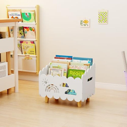 Wood Kids Bookshelf, Montessori Bookshelf, With 2 Adjustable Dividers, Suitable Kids Rooms, Nursery & Classroom, Kids Bookshelf And Toy Storage, Toddler Book Rack, Nursery Book Shelves, Kids Bookcase - color: White(stationary)