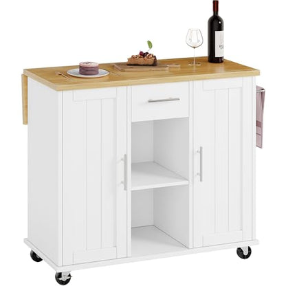 SUNLEI Island Table for Kitchen with Storage, Portable Kitchen Island Cart with Drop Leaf, Rolling Kitchen Island Table with Drawer, Cabinet & Towel Rack, Farmhouse Kitchen Island, White - style: White