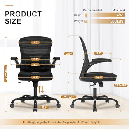 Office Chair, Ergonomic Desk Chairs 330LBS Capacity High Back Mesh Computer Chair with Flip-up Armrests, Comfy Work Chair with Adjustable Lumbar Support, Rolling Chair - color: Black