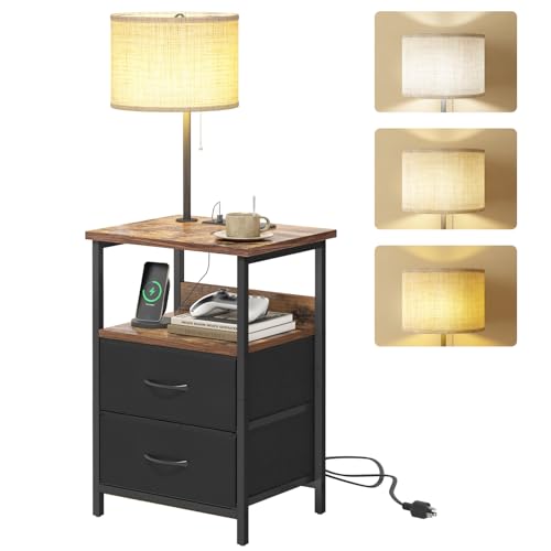 Fixwal Bedside Table with 3 Color Temperature Reading Light, Nightstand with LED Light & Charging Station End Table with Adjustable Fabric Drawer for Bedroom, Dorm, Rustic Brown - color: Rustic Brown & Black, size: 23.6"H (2 drawers), style: Power+Lamp (1