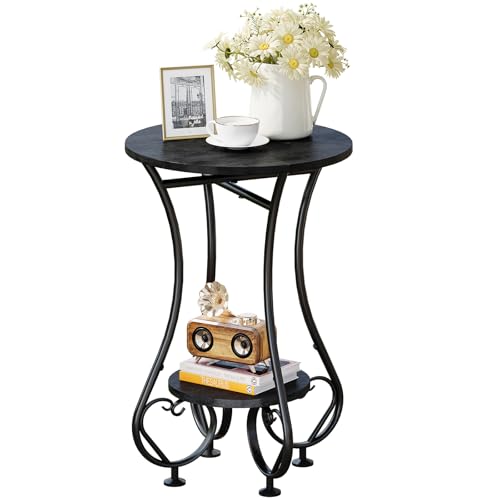 X-cosrack Small Round Side Table,Round End Table for Small Spaces - Black Metal Nightstand with Adjustable Feet,Couch Sofa Coffee Table,Retro Accent Table for Living Room Bedroom Balcony - color: Black Spliced Wood, size: 15.75 inches x 15.75 inches x 23.