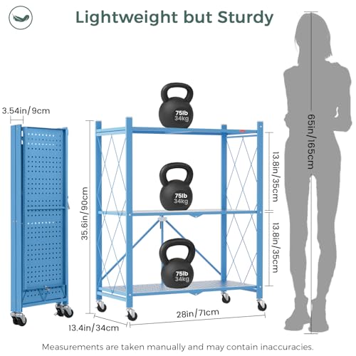 DEANIC 3 Tier Foldable Storage Shelves with Wheels, Kitchen Appliance Stand, Freestanding Metal Wire Shelf Rack, No Assembly Organizer Rolling Cart for Garage, Basement, Pantry(Blue Pack of 2) - color: Blue