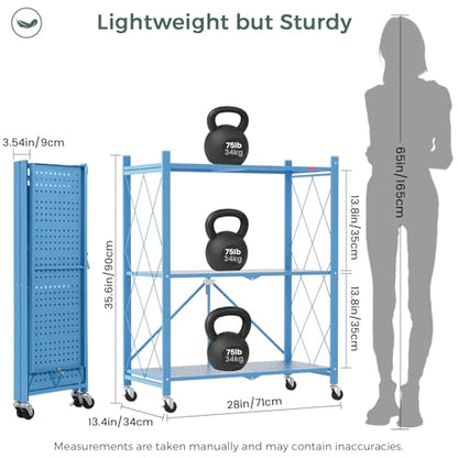 DEANIC 3 Tier Foldable Storage Shelves with Wheels, Kitchen Appliance Stand, Freestanding Metal Wire Shelf Rack, No Assembly Organizer Rolling Cart for Garage, Basement, Pantry(Blue Pack of 2) - color: Blue