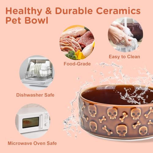 SPUNKYJUNKY Elevated Dog Bowls Ceramic, 5.1'' Dogs and Cat Food Water Bowls Raised with Non-Slip Bamboo Stand for Puppy Small Sized Breed Microwave Dishwasher Safe - 13.5 OZ,Skull Bronze - color: Bronze - Skull, size: 5.1 in - 1.7 cups