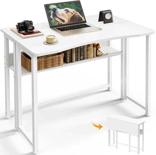 Huuger Folding Desk with Storage Shelf, 31.5 Inch Foldable Computer Table for Small Spaces, Space Saving Sofa Table for Couch, Writing Work Office Computer Desk, Easy to Fold, White - color: White, size: 18.5"D x 31.5"W