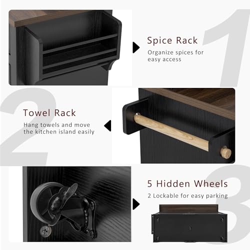 Merax 53.2" Two-Tier Kitchen Island with Storage, Farmhouse Kitchen Island with Power Outlet, 4 Door Shelves, Adjustable Shelves, 3 Drawers, Rolling Island Table, Bar Cabinet for Kitchen, Ash Black - color: Ash Black