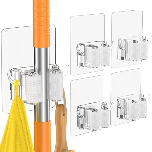Batur Broom Holder Wall Mount, 4 Pack New Version Adhesive Mop and Broom Holder Wall Mount, Super Anti-Slip Broom Hanger Mop Organizer Wall Hanging for Bathroom, Kitchen, Laundry Room - color: Transparent