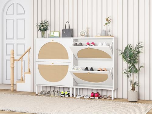 ZeHuoGe Rattan Shoe Cabinet with 2 Flip Drawers, Entrance Hallway Slim Entryway Organizer, White Rack Storage for Heels, Slippers - color: White, style: 2-Drawers
