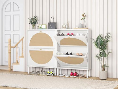 ZeHuoGe Rattan Shoe Cabinet with 2 Flip Drawers, Entrance Hallway Slim Entryway Organizer, White Rack Storage for Heels, Slippers - color: White, style: 2-Drawers