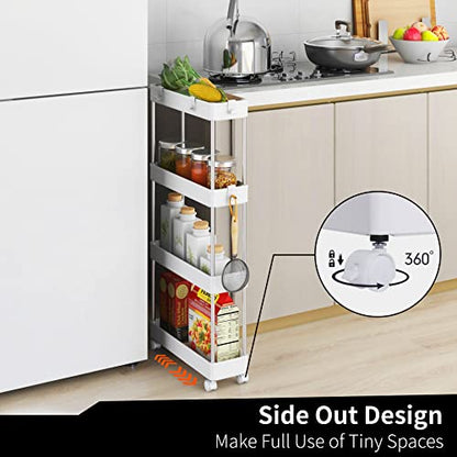 4 Tier Slim Storage Cart Mobile Shelving Unit Organizer Slide Out Storage Rolling Utility Cart Tower Rack for Kitchen Bathroom Laundry Narrow Places, Plastic & Stainless Steel, White