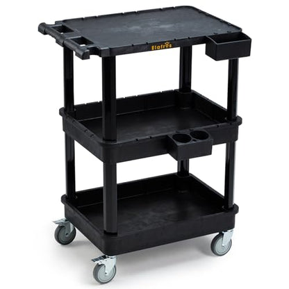 ELAFROS 3-Tier Flat Top & Deep Tub Rolling Utility Cart, 27.5 x 18.25 in | 330 lbs Capacity, Heavy Duty Plastic, 4-Inch Wheels, Service Cart, Work Cart, Storage Organizer, Office Workshop Warehouse