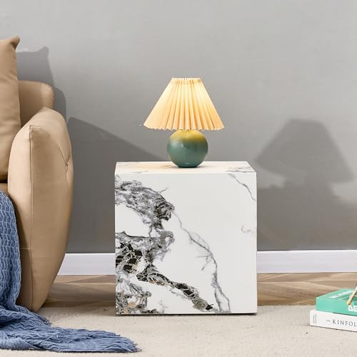 15.7" H Square Compact Coffee Table,Small Cube End Table,Modern Side Table with Stylish Faux Marble Pattern,Minimalist Accent Table for Living Room,Office,Apartment,Nightstand(White,15.7") - color: White,15.7"h