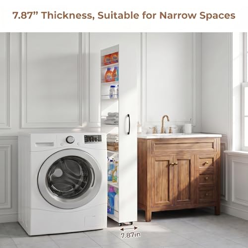 7-Tier Slim Mobile Shelving Cart with Wheels, Rolling Pantry with 7 Racks, Narrow Pull-Out Utility Cart, Space Saving Storage Organizer Carts for Kitchen Living Room Bathroom Narrow Spaces, White - size: White & 7.87"D x 17.72"W x 70.87"H