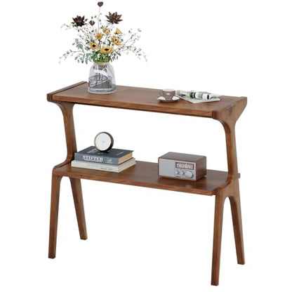 Solid Wood End Table, 2-Tier Side Table with Storage Shelf, Wooden Modern Accent Slim Bedside Table for Sofa, Living Room, Bedroom, Small Space, Easy Assembly, Rustic Brown - color: Rustic Brown