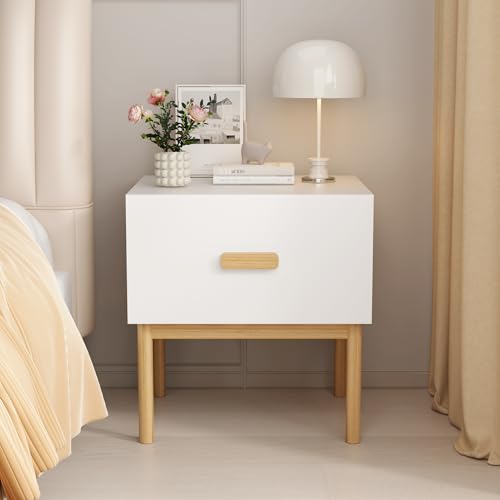 Modern Minimalist White Nightstand with Solid Pine Wood Legs & Spacious Drawer - Versatile Bedside Table for Bedroom, Living Room, or Small Apartment