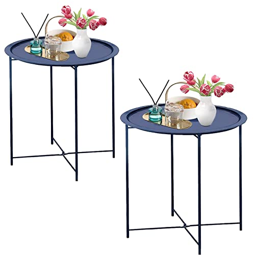 Garden 4 you End Table 2 PCS Metal Side Table Dark Blue Round Folding Tray Cyan Sofa Small Accent Fold-able Table, Round End Table Tray, Next to Sofa Table, Snack Table for Living Room and Bed Room - color: Dark Blue
