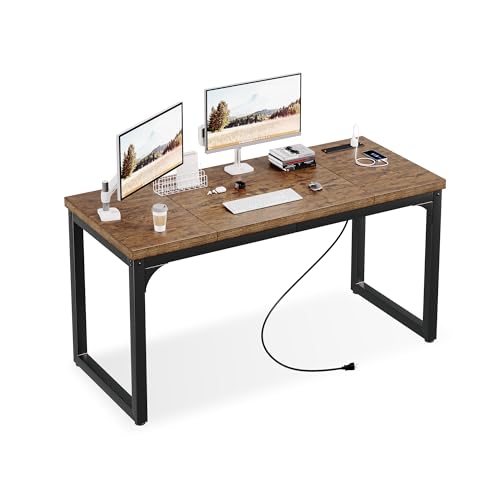 Computer Desk with Power Outlets, 55 Inch Large Home Office Desk with Deeper & Thicker Desktop Modern Gaming Desk Study Writing Work Desk, Metal Frame, Rustic Brown - size: 55 Inch