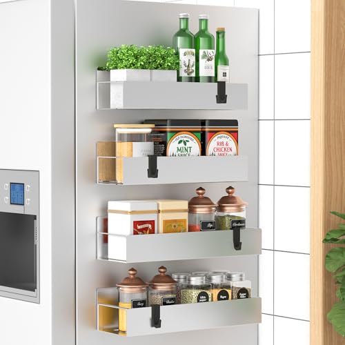 Metal Magnetic Spice Rack for Refrigerator Silver, 4 Pack | Magnetic Shelves Heavy Duty for Fridge in Kitchen, Seasoning Storage Organizer, For Oven Washer and Dryer, For Heavier Items - color: Silver, size: 4 Pack