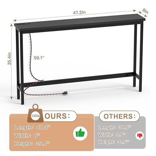 FAMIDGE Charging Console Table with Outlet 36 Inch Tall Narrow Sofa Table One-Piece Top Behind Couch Table 2 USB 2 AC for Entryway Hallway, Living Room, Black - color: Black