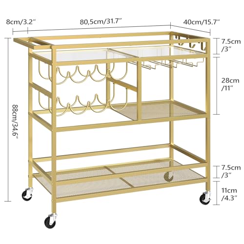 MAHANCRIS Bar Cart for Home, 3-Tier Serving Cart with Wheels and Handle, Beverage Cart with Wine Rack and Glass Holders, Rolling Wine Cart for Kitchen, Dining Room, Gold RCGD81B01 - size: 31.7''L x 15.7''W x 34.6''H
