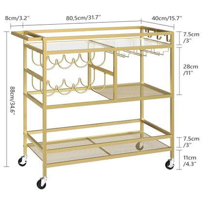 MAHANCRIS Bar Cart for Home, 3-Tier Serving Cart with Wheels and Handle, Beverage Cart with Wine Rack and Glass Holders, Rolling Wine Cart for Kitchen, Dining Room, Gold RCGD81B01 - size: 31.7''L x 15.7''W x 34.6''H