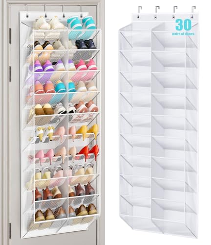 MISSLO 30 Pairs Over the Door Shoe Organizer Breathable Mesh Hanging Shoe Rack for Closet Storage with Wide Deep Pockets 10 Tier Shoes Holder Fit All the Family's Sneakers, Boots, Heels (White, 71") - color: White, size: 71"