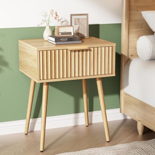 VINGLI Fluted Nightstand with Drawer, 19" W Mid Century Modern Nightstand for Bedroom, Bedside Table, End Tables Bedroom, Wood Night Stand, Oak, 18.9" W*14.96" D*24" H - color: Oak, size: 19"W-1 Drawer